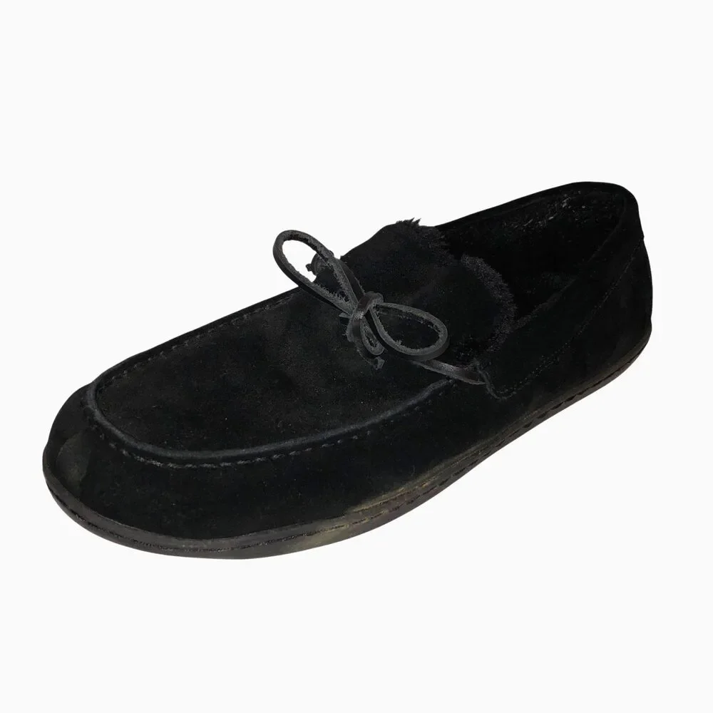 Vionic Adler Mens Size 13 Black Suede Faux Fur Lined Moccasin Slippers Shoes